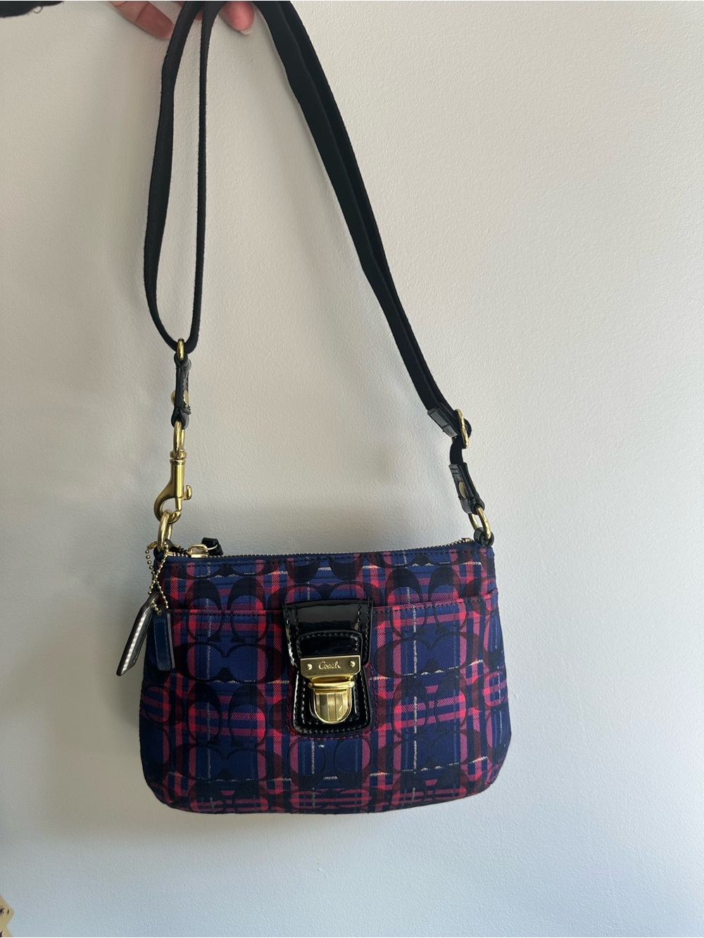 Coach Navy and Pink Plaid Small Crossbody with Black Strap